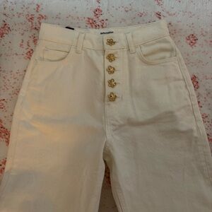 Reformation Cream High Rise Jeans with Gold Flower Buttons